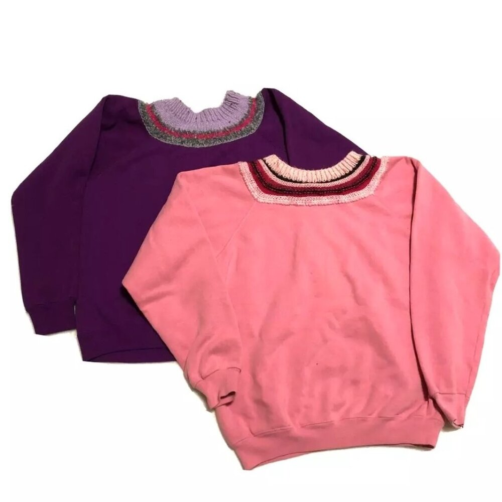 Vintage Handmade Crochet Sweatshirts Size M Lot of 2 Purple Pink Granny Womens